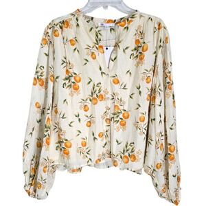DR2 Womens Orange Citrus Floral V-Neck Blouse Cream Long Sleeve DR25582PWN M